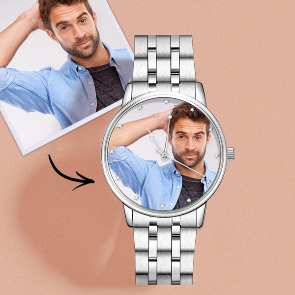 Engraved Men's Silver Alloy Bracelet Photo Watch 40mm for Him