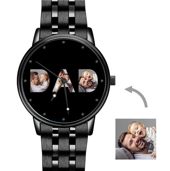 Custom Photo Watch Men's Black Alloy Watch Bracelet for Dad Father's Day Gift